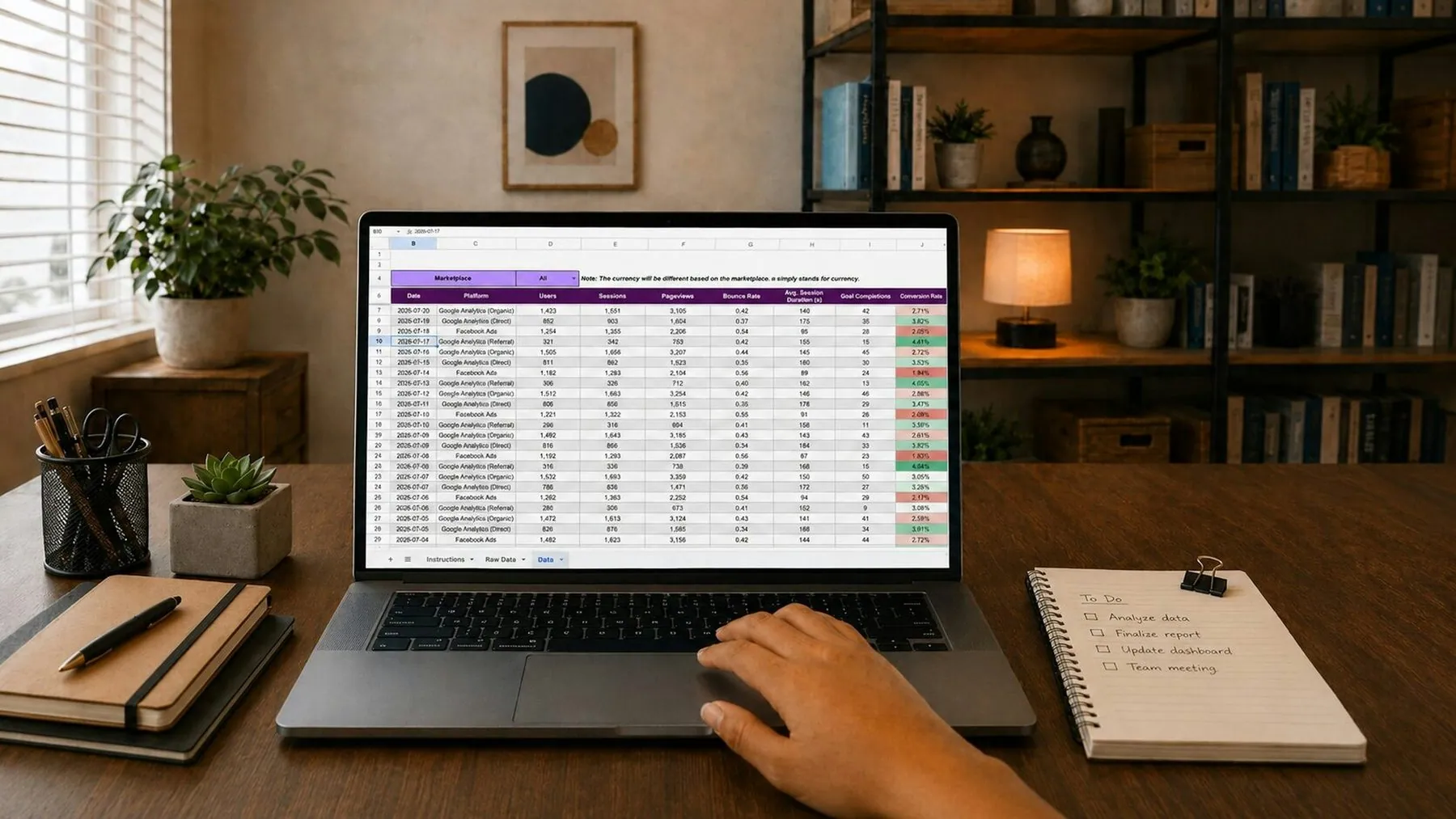 A cozy and organized work desk featuring a laptop with a spreadsheet overview displayed on the screen, surrounded by off